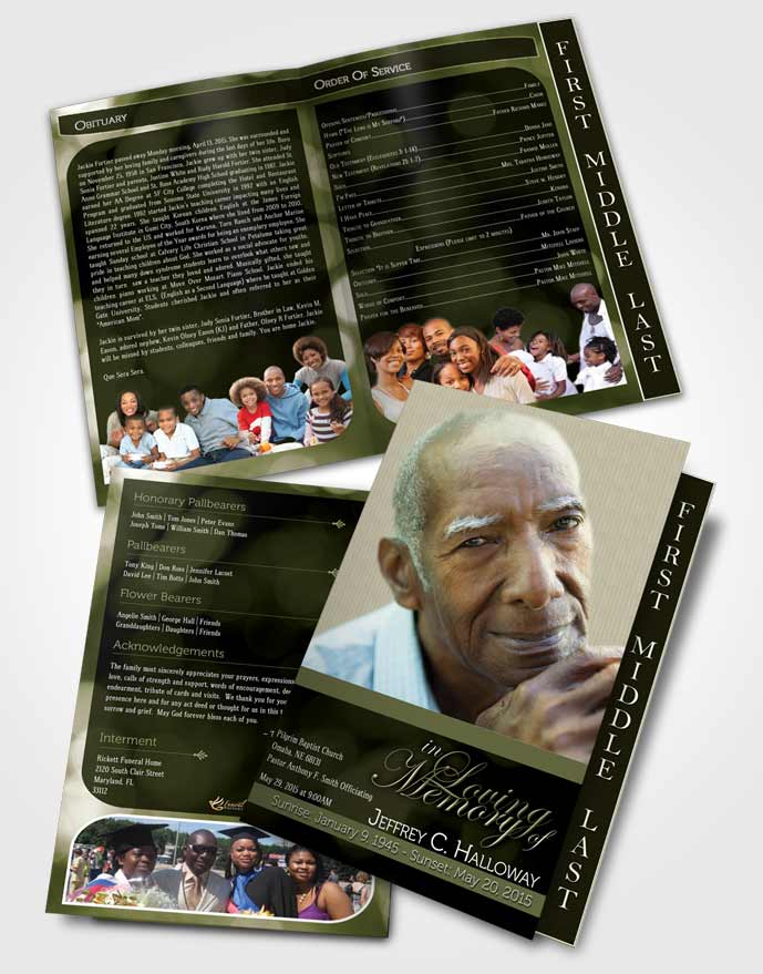 2 Page Graduated Step Fold Funeral Program Template Brochure Majestic Emerald Mist Dark