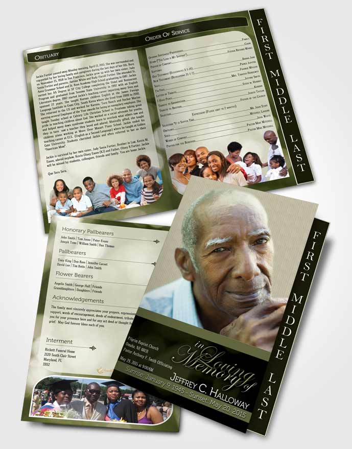 2 Page Graduated Step Fold Funeral Program Template Brochure Majestic Emerald Mist Light
