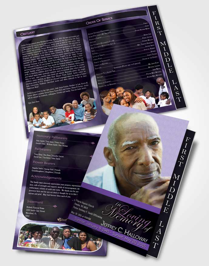 2 Page Graduated Step Fold Funeral Program Template Brochure Majestic Lavender Rain Dark