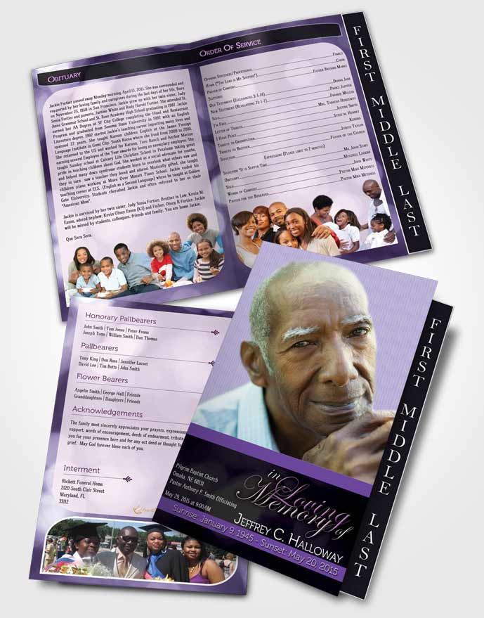 2 Page Graduated Step Fold Funeral Program Template Brochure Majestic Lavender Rain Light
