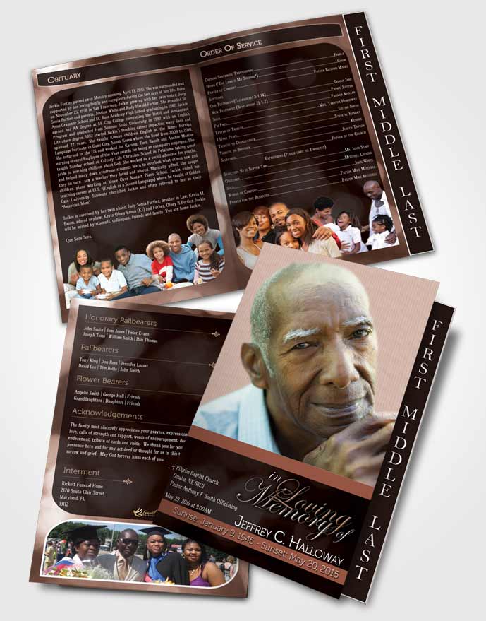 2 Page Graduated Step Fold Funeral Program Template Brochure Majestic Peach Heritage Dark