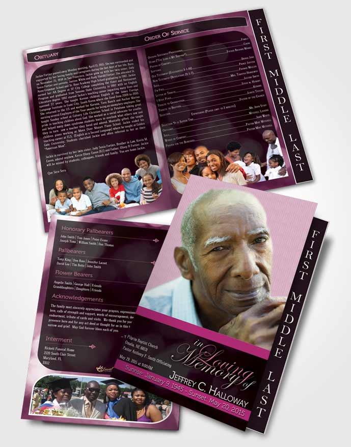 2 Page Graduated Step Fold Funeral Program Template Brochure Majestic Pink Carnation Dark