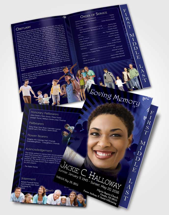 2 Page Graduated Step Fold Funeral Program Template Brochure Midnight Blues Graceful Dancer Dark