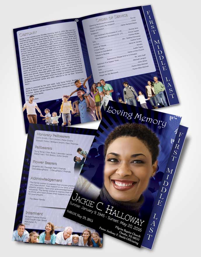 2 Page Graduated Step Fold Funeral Program Template Brochure Midnight Blues Graceful Dancer Light