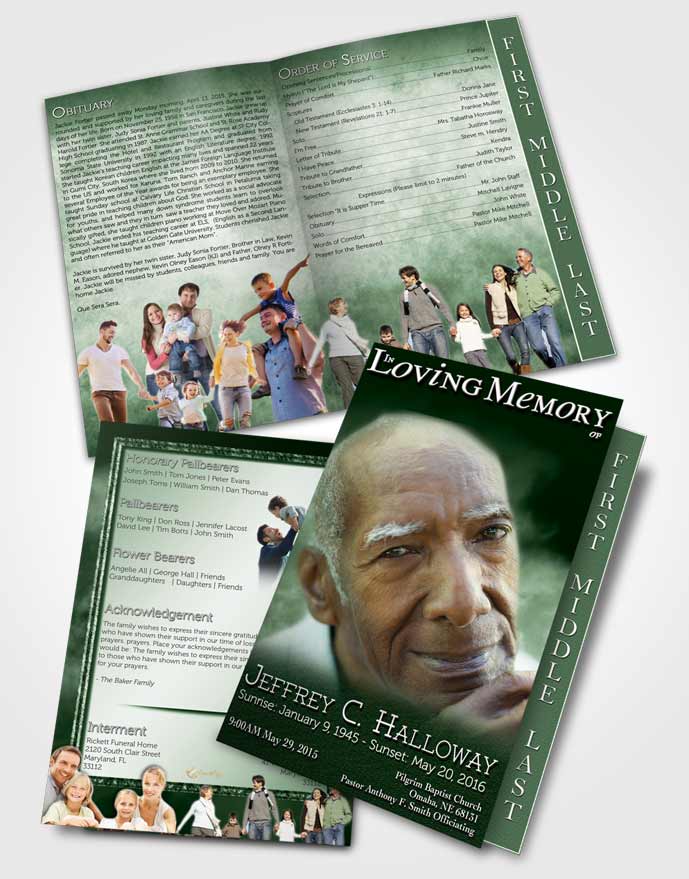 2 Page Graduated Step Fold Funeral Program Template Brochure Misty Emeralds Clouds