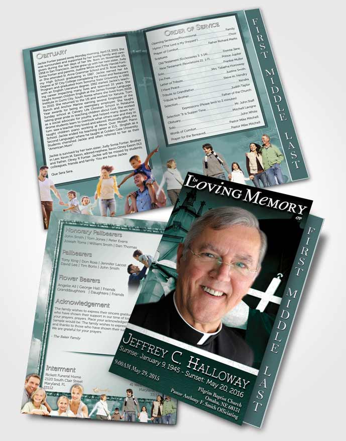 2 Page Graduated Step Fold Funeral Program Template Brochure Misty Sky Heavenly Priest