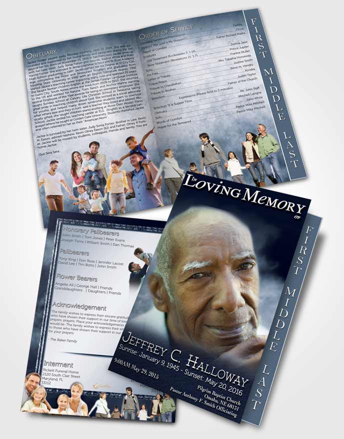 2 Page Graduated Step Fold Funeral Program Template Brochure Misty Topaz Clouds