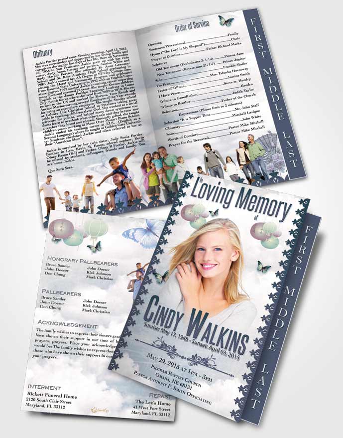 2 Page Graduated Step Fold Funeral Program Template Brochure Natural Elegance Blue Heaven
