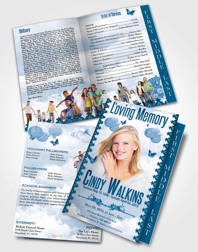 2 Page Graduated Step Fold Funeral Program Template Brochure Natural Elegance Blue Waters