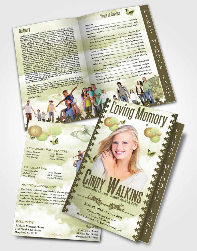 2 Page Graduated Step Fold Funeral Program Template Brochure Natural Elegance Emerald Clouds