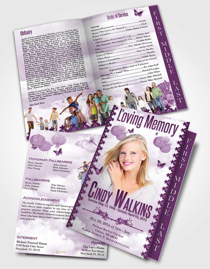 2 Page Graduated Step Fold Funeral Program Template Brochure Natural Elegance Lavender Rain