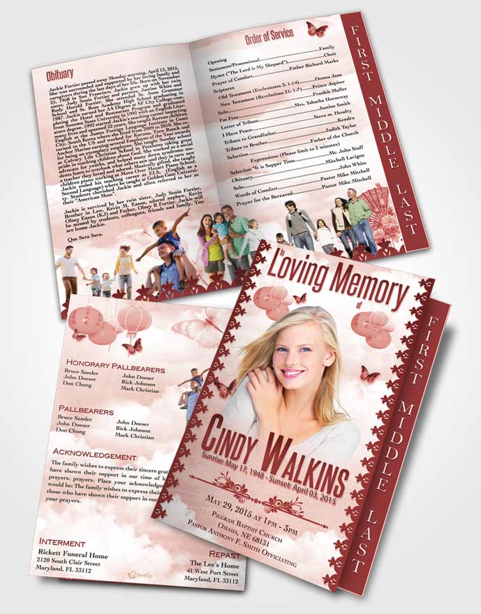 2 Page Graduated Step Fold Funeral Program Template Brochure Natural Elegance Rosy Blossoms