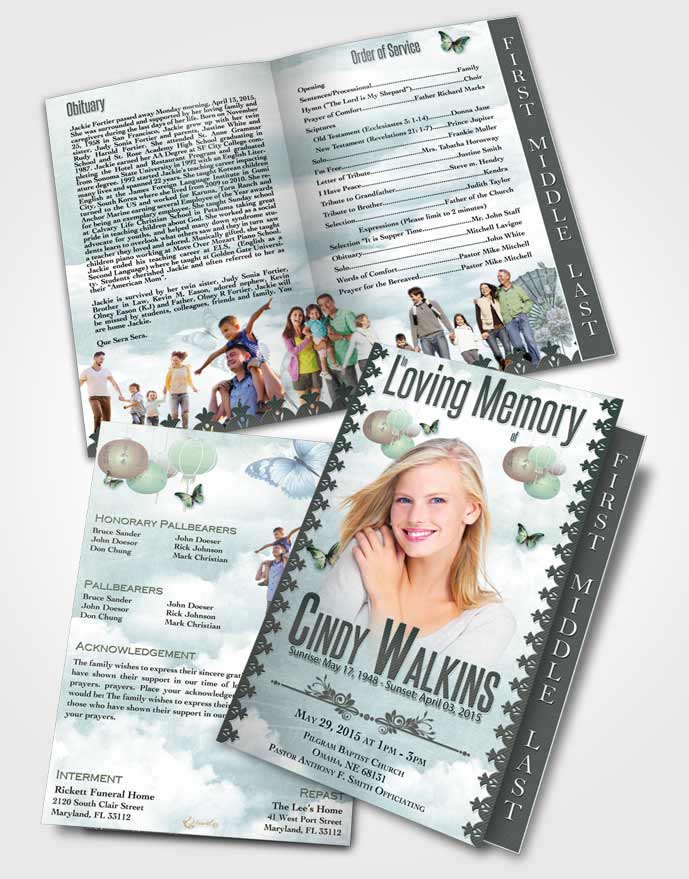 2 Page Graduated Step Fold Funeral Program Template Brochure Natural Elegance Soothing Sky