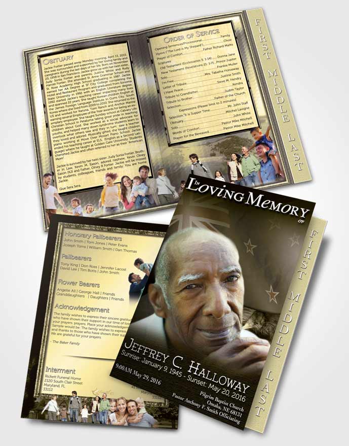 2 Page Graduated Step Fold Funeral Program Template Brochure New Zealand Golden Kiwi