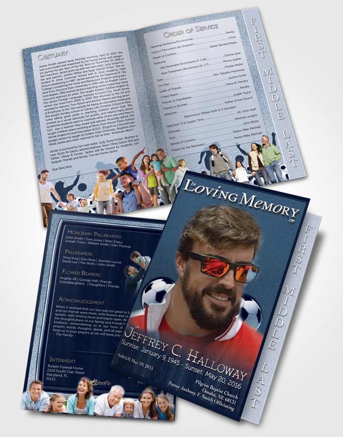 2 Page Graduated Step Fold Funeral Program Template Brochure Ocean Blue Soccer Star