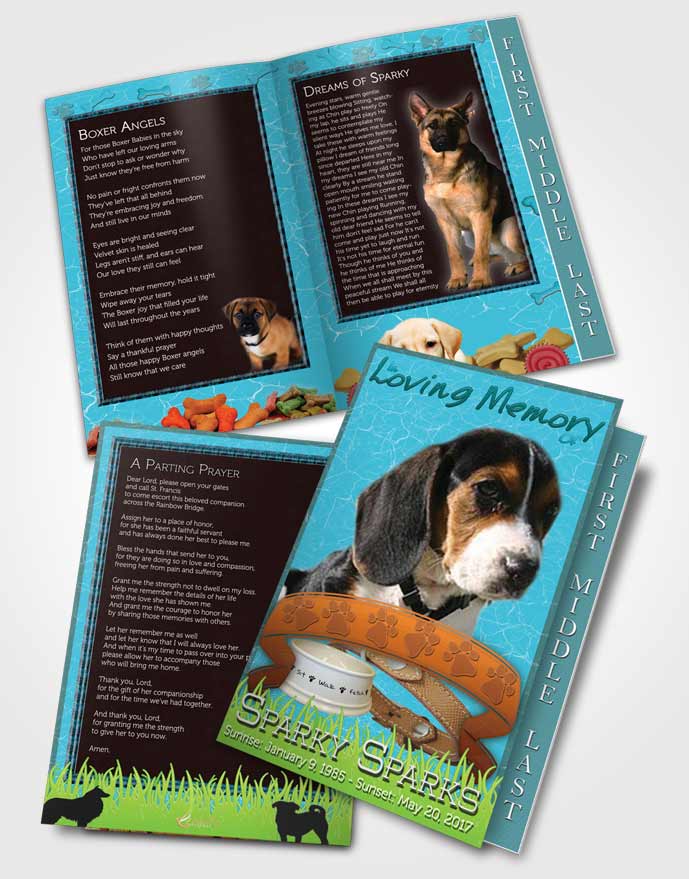 2 Page Graduated Step Fold Funeral Program Template Brochure Ocean Blue Sparky the Dog