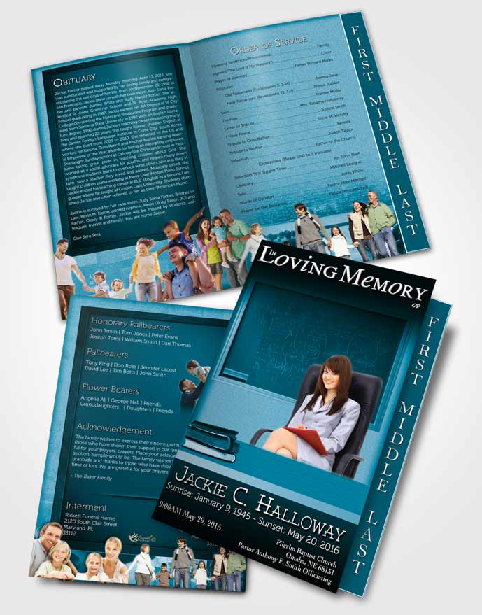 2 Page Graduated Step Fold Funeral Program Template Brochure Ocean Blue Teacher Dark