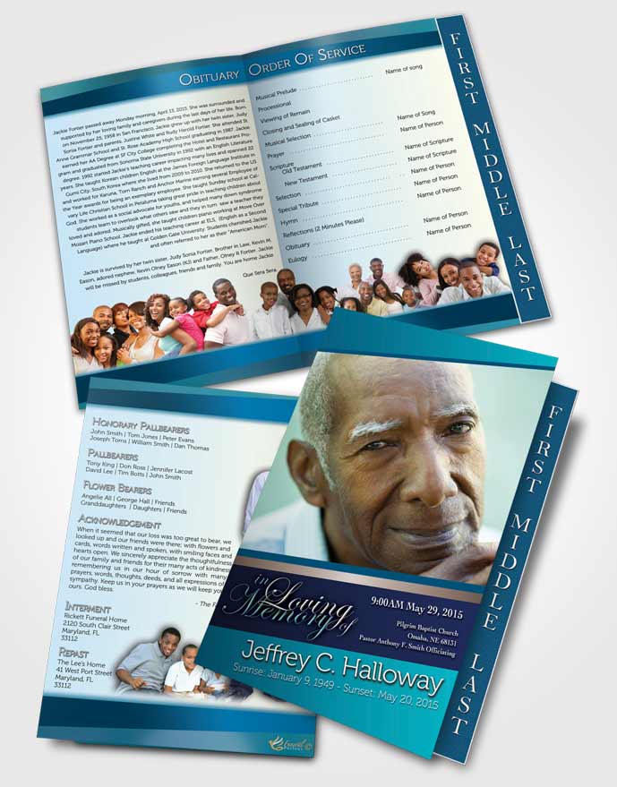 2 Page Graduated Step Fold Funeral Program Template Brochure Ocean Breeze Tranquility Light