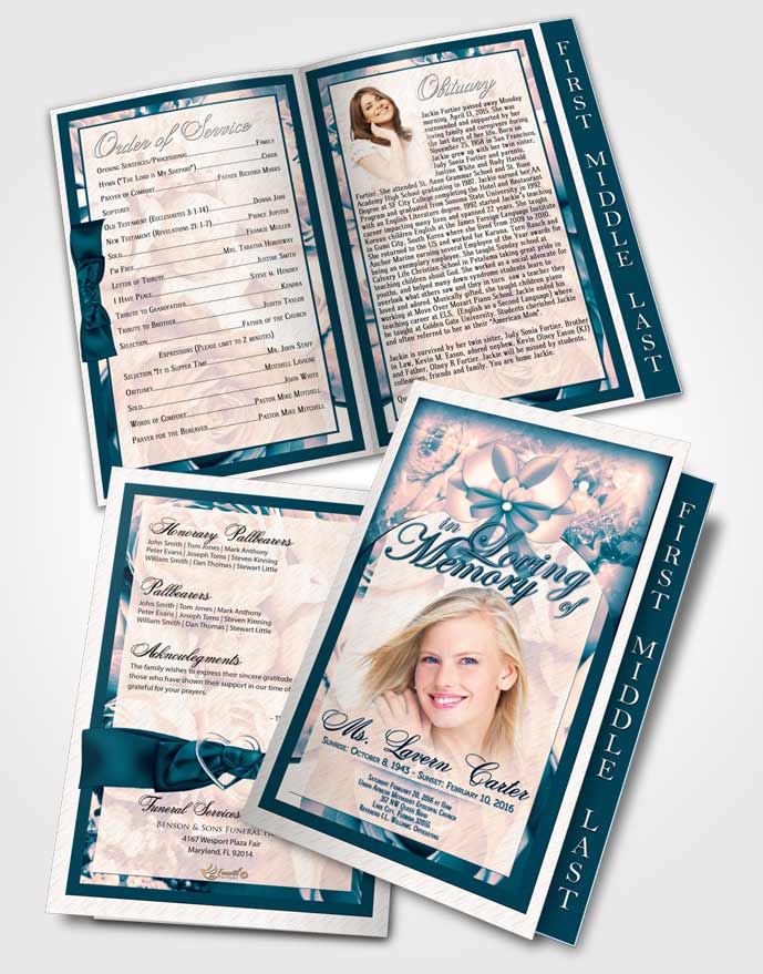 2 Page Graduated Step Fold Funeral Program Template Brochure Ocean Sunset Petals in the Wind