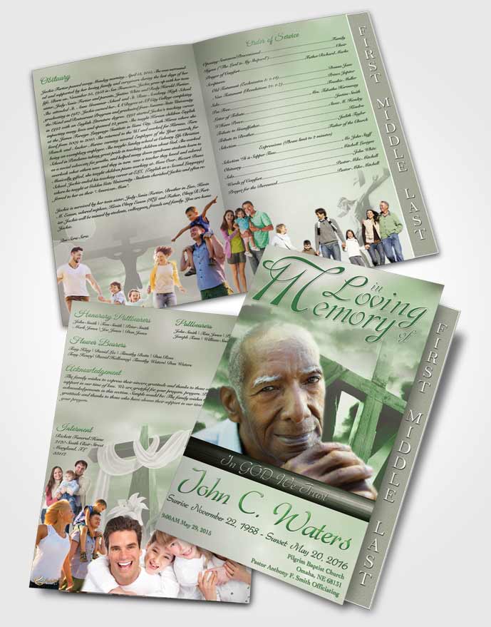 2 Page Graduated Step Fold Funeral Program Template Brochure On The Cross Emerald Glow