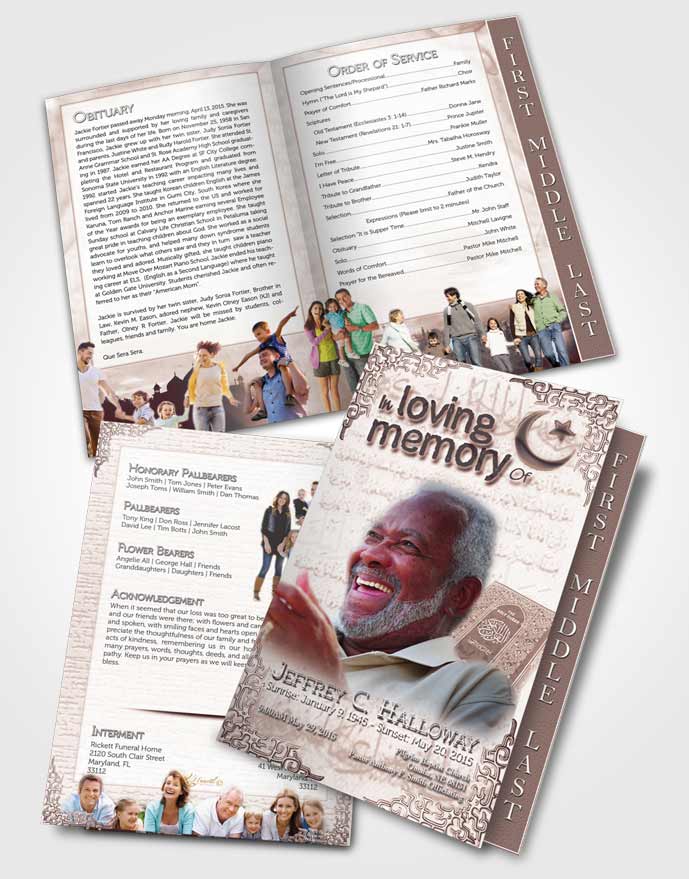 2 Page Graduated Step Fold Funeral Program Template Brochure Peach Islamic Blissful Faith