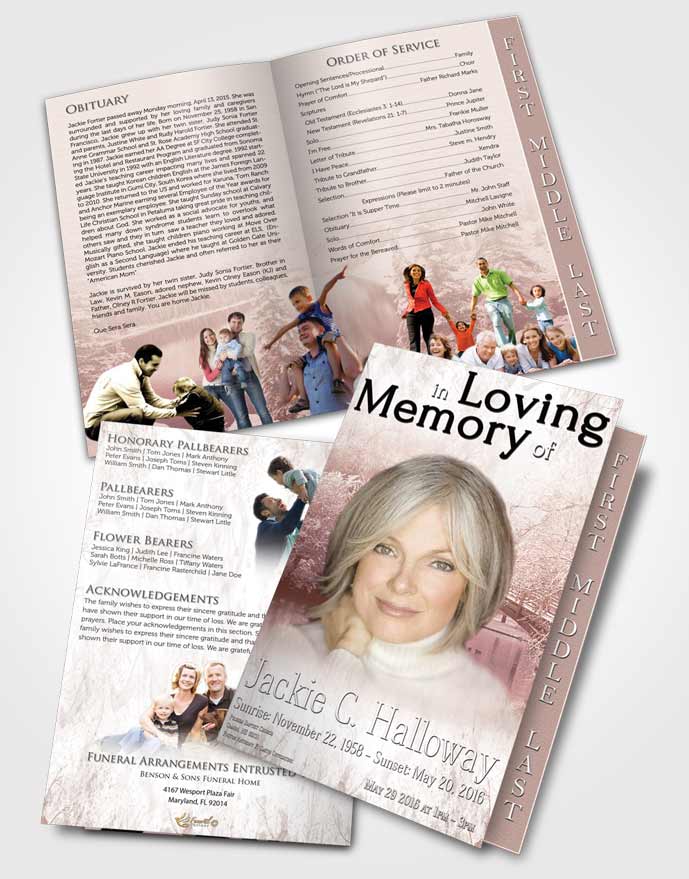 2 Page Graduated Step Fold Funeral Program Template Brochure Peach Winter Paradise