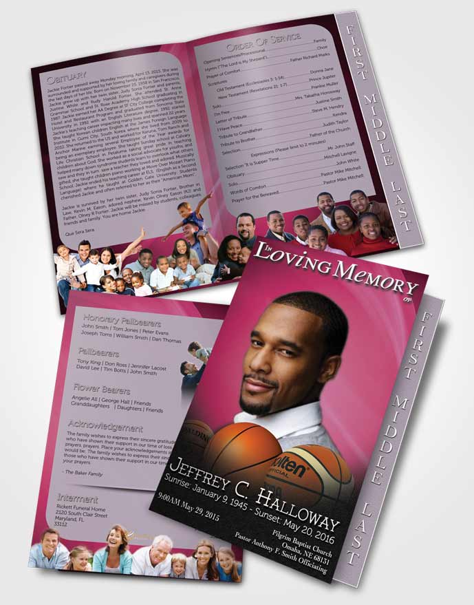 2 Page Graduated Step Fold Funeral Program Template Brochure Pink Basketball Lover Light