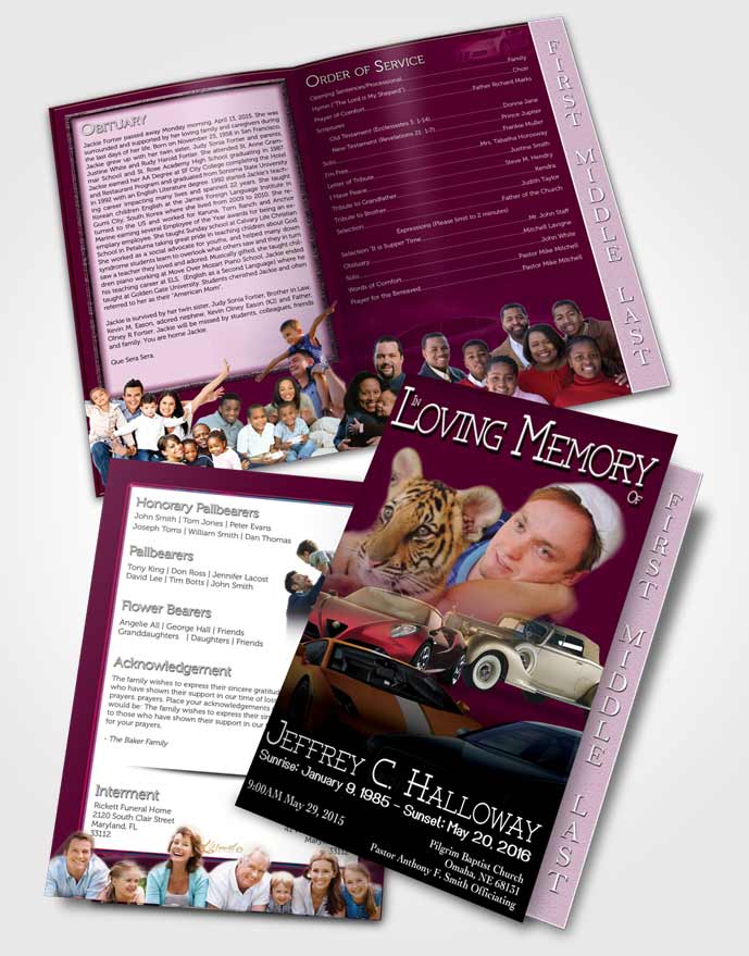 2 Page Graduated Step Fold Funeral Program Template Brochure Pink Desire Car Enthusiast