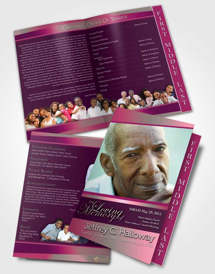 2 Page Graduated Step Fold Funeral Program Template Brochure Pink Faith Tranquility Dark