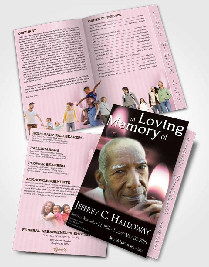 2 Page Graduated Step Fold Funeral Program Template Brochure Pink Heaven Candle Light