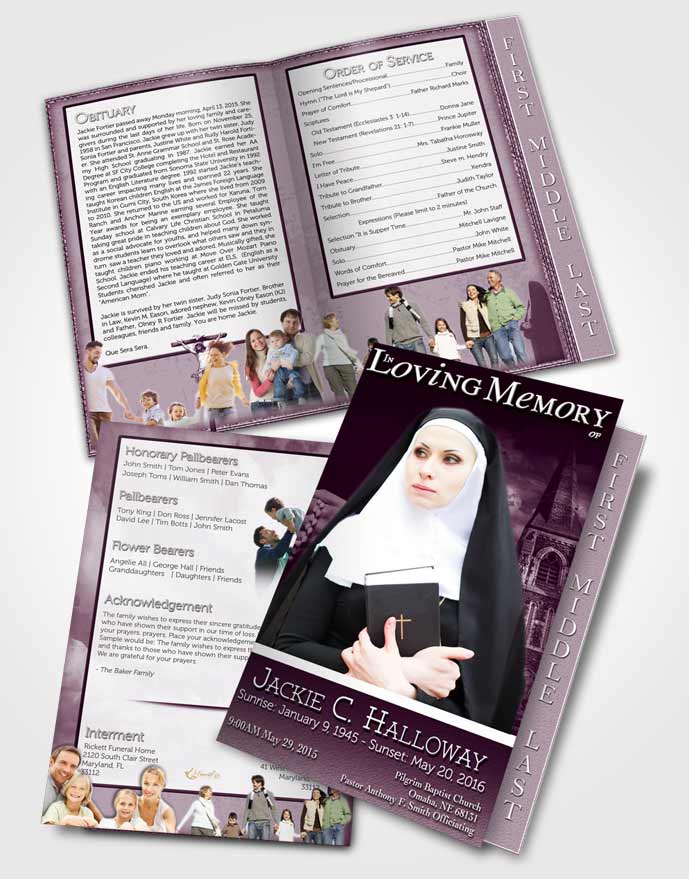 2 Page Graduated Step Fold Funeral Program Template Brochure Pink Heavenly Nun