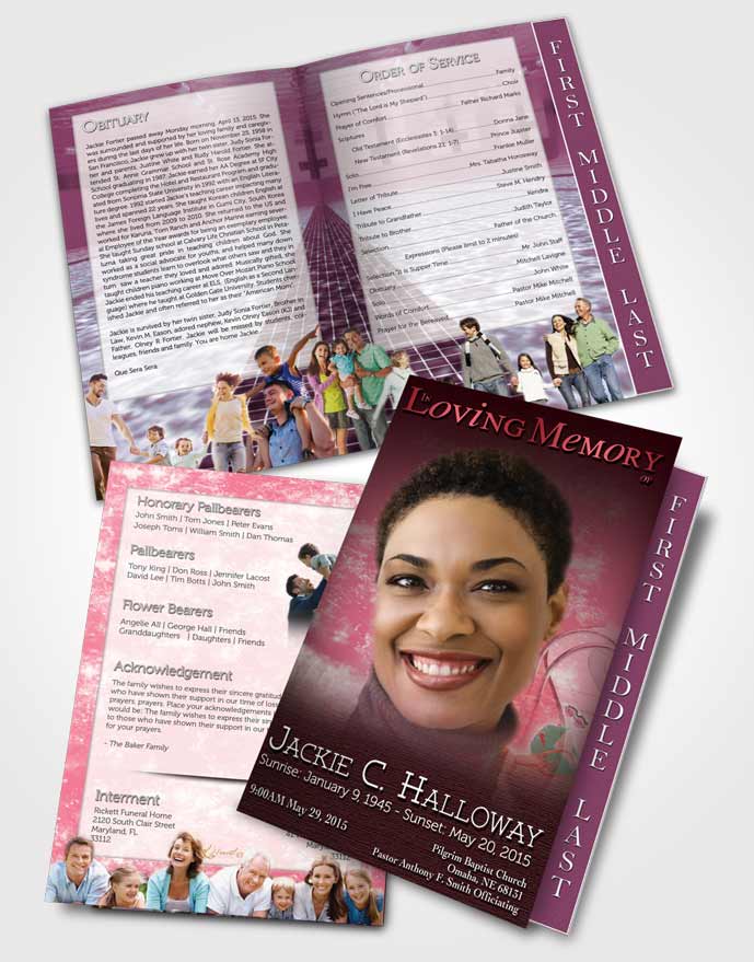 2 Page Graduated Step Fold Funeral Program Template Brochure Pink Swimming Desire