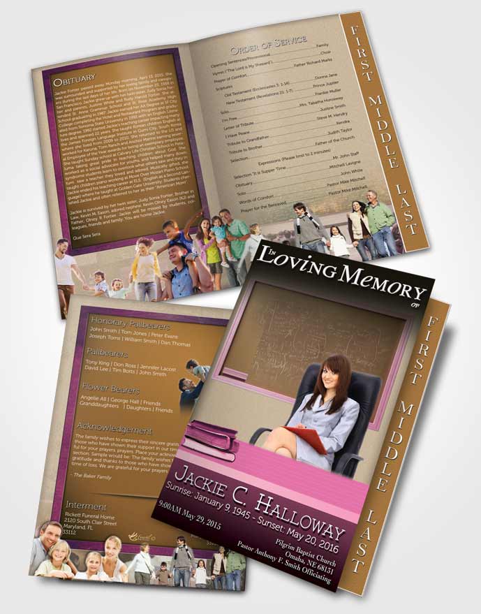 2 Page Graduated Step Fold Funeral Program Template Brochure Pink Teacher Dark