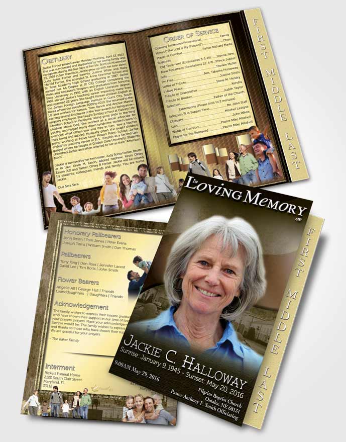 2 Page Graduated Step Fold Funeral Program Template Brochure Polish Golden Serenity
