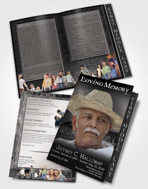 2 Page Graduated Step Fold Funeral Program Template Brochure Portuguese Black and White Serenity