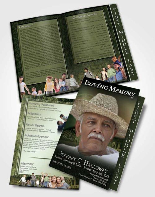 2 Page Graduated Step Fold Funeral Program Template Brochure Portuguese Emerald Serenity
