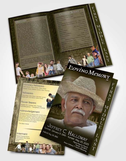 2 Page Graduated Step Fold Funeral Program Template Brochure Portuguese Golden Serenity