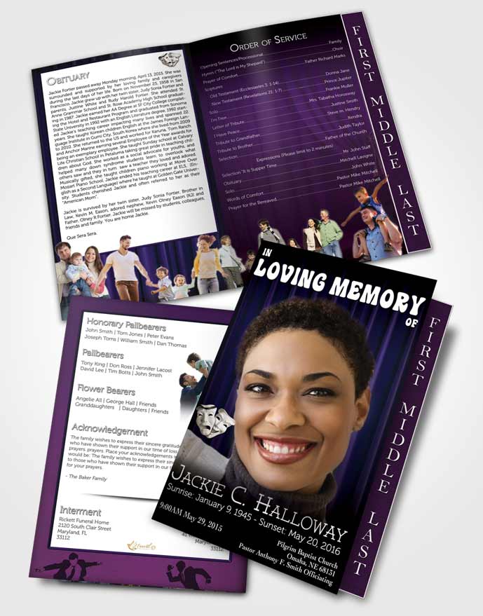2 Page Graduated Step Fold Funeral Program Template Brochure Purple Actor