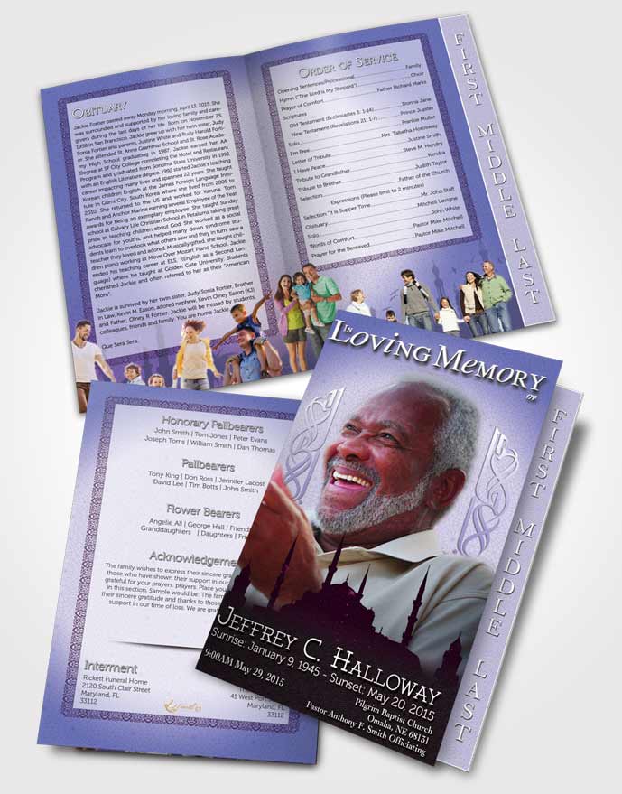 2 Page Graduated Step Fold Funeral Program Template Brochure Purple Islamic Serenity