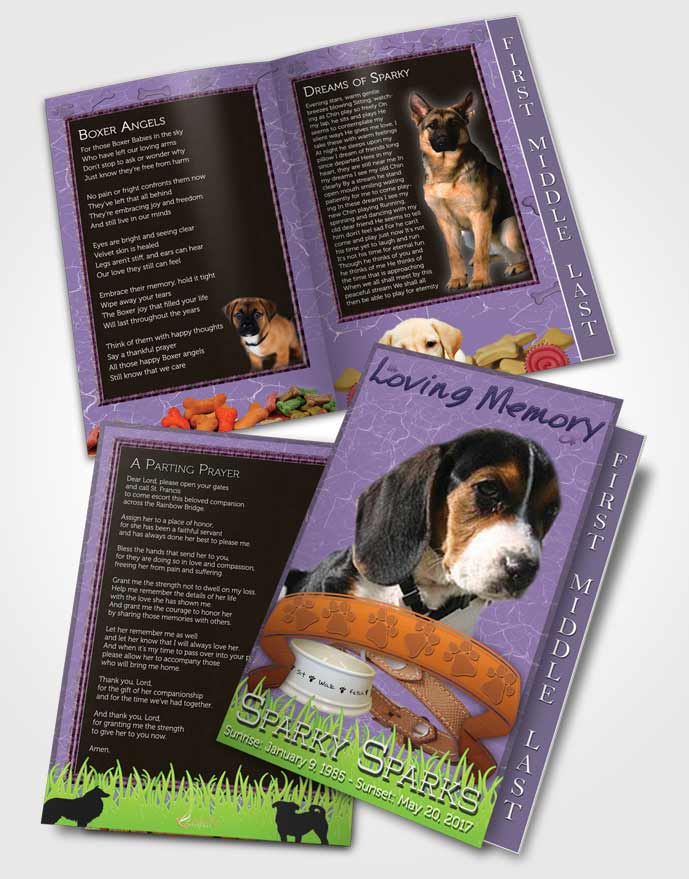 2 Page Graduated Step Fold Funeral Program Template Brochure Purple Sparky the Dog