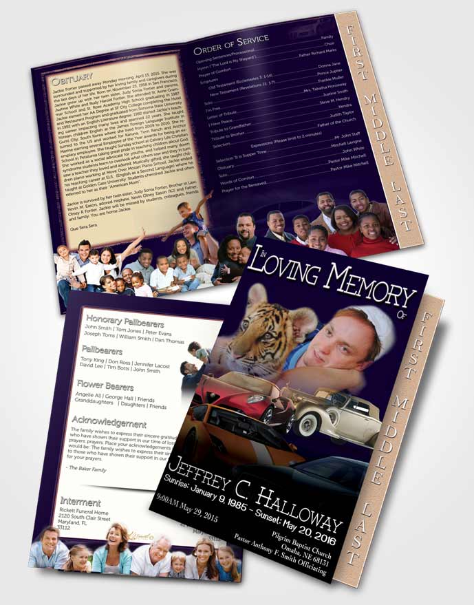 2 Page Graduated Step Fold Funeral Program Template Brochure Purple Star Car Enthusiast