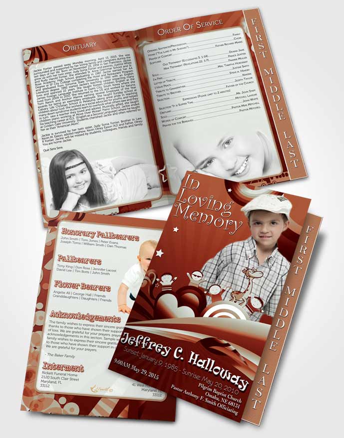2 Page Graduated Step Fold Funeral Program Template Brochure Red Laughter Childs Journey