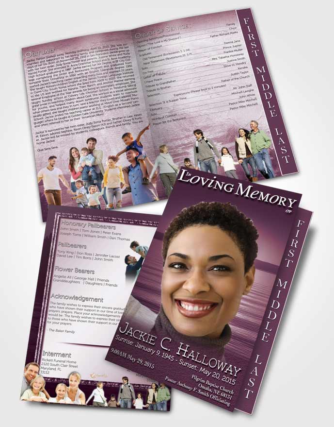 2 Page Graduated Step Fold Funeral Program Template Brochure Rubellite Ocean Sunset