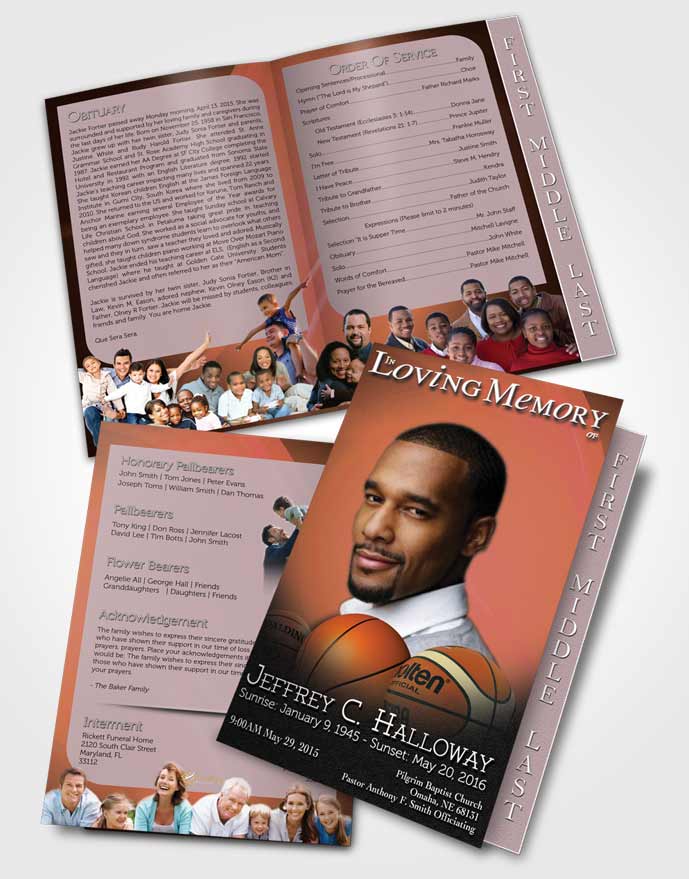 2 Page Graduated Step Fold Funeral Program Template Brochure Ruby Night Basketball Lover Light