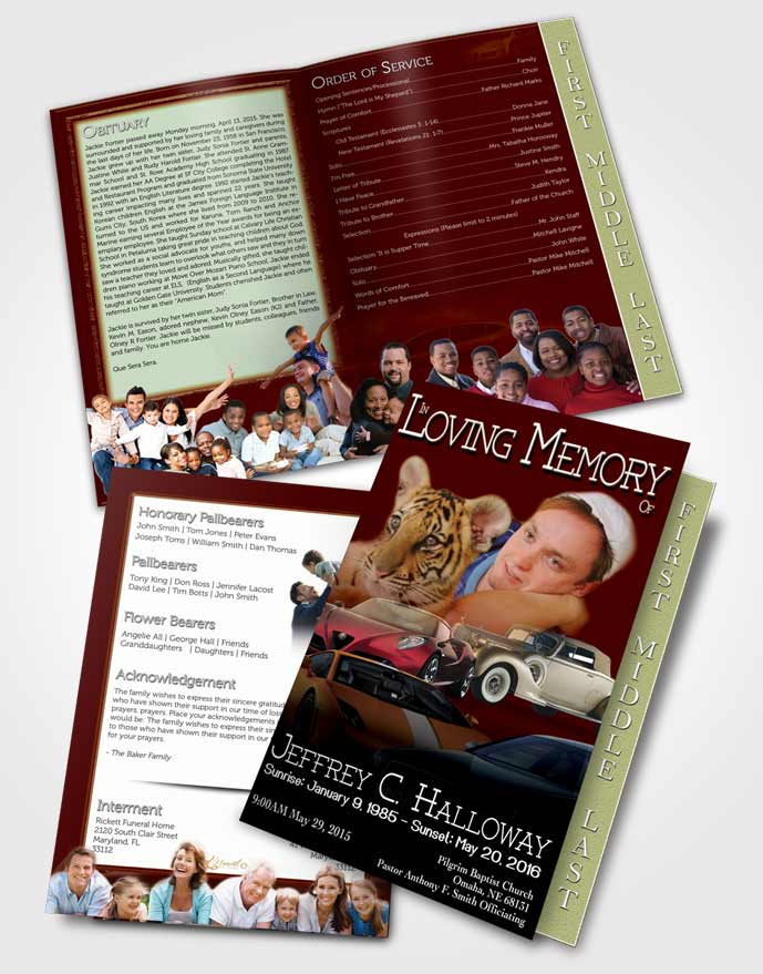 2 Page Graduated Step Fold Funeral Program Template Brochure Ruby Red Car Enthusiast