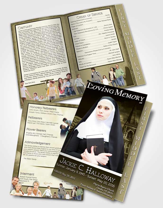 2 Page Graduated Step Fold Funeral Program Template Brochure Rustic Heavenly Nun