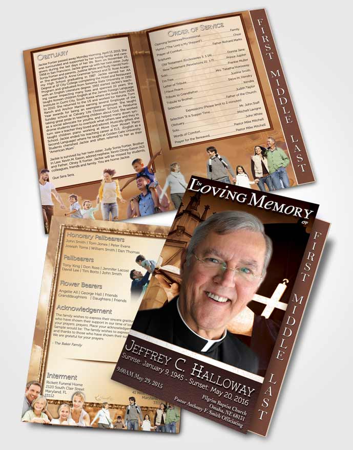 2 Page Graduated Step Fold Funeral Program Template Brochure Rustic Heavenly Priest