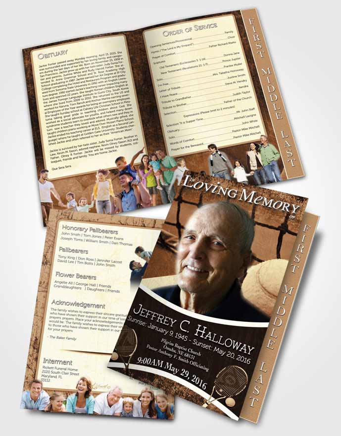 2 Page Graduated Step Fold Funeral Program Template Brochure Rustic Tennis Star