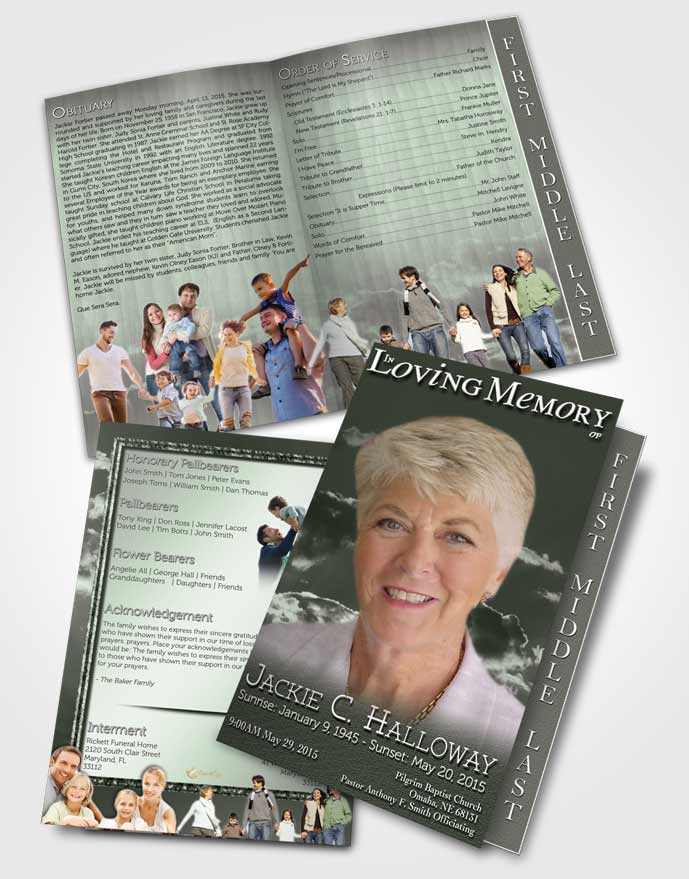 2 Page Graduated Step Fold Funeral Program Template Brochure Emerald Shinning Clouds