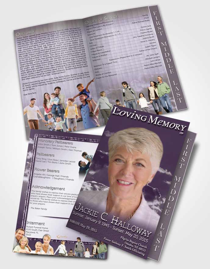 2 Page Graduated Step Fold Funeral Program Template Brochure Shinning Lavender Clouds